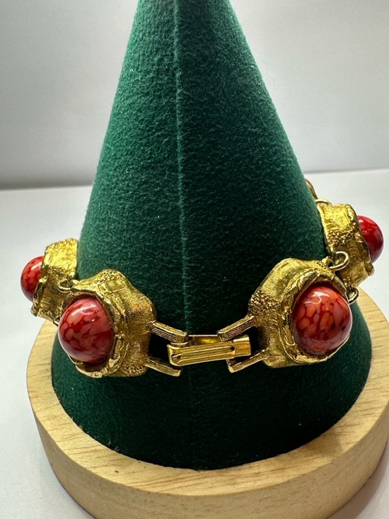 Jewelry - Vintage Czech Glass Bracelet For Repair with Red Marbled Glass Cabochons